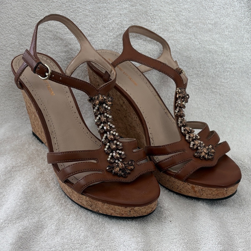 Adrienne Vittadini Brown Embellished Wedges